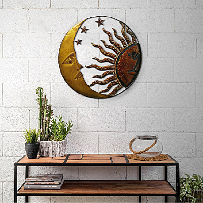 Celestial Metal Sun Star Moon Wall Hanging Decor, Bronze Gold And Rust Red