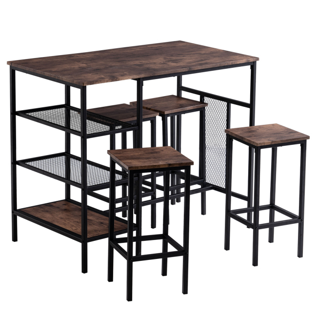 Rectangular Disassembly and Assembly P2 Board Iron Taupe Wood Surface Black Iron Bracket Three Storage Layers 1 Table 4 Chairs Dining Table and Chair Set